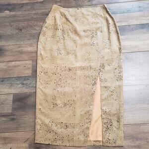 Vera Cristina Silk Tan and Black Spotted Front Slit Lined Maxi Skirt 12